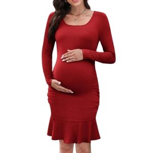 Ruched Maternity Dress Women Square Neck Long Sleeve Bodycon Ribbed Ruffle Hem